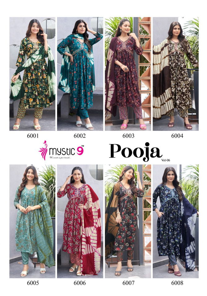 Pooja Vol 6 By Mystic 9 Rayon Aliya Cut Kurti With Bottom Dupatta Wholesale Online
